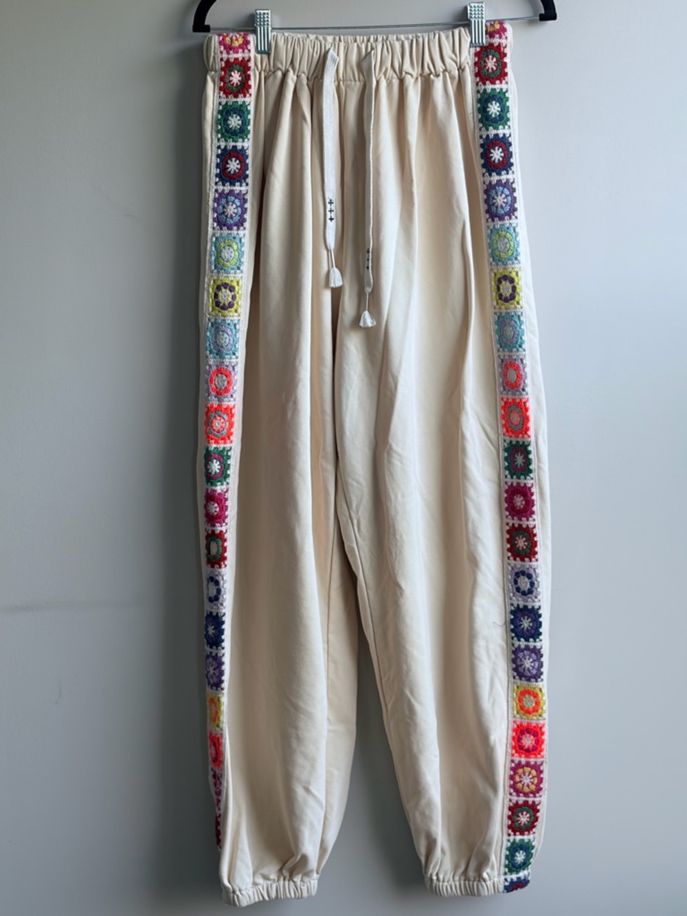 Everyday Chic Boutique Crochet Side Panel Granny Square Jogger Pants in Natural